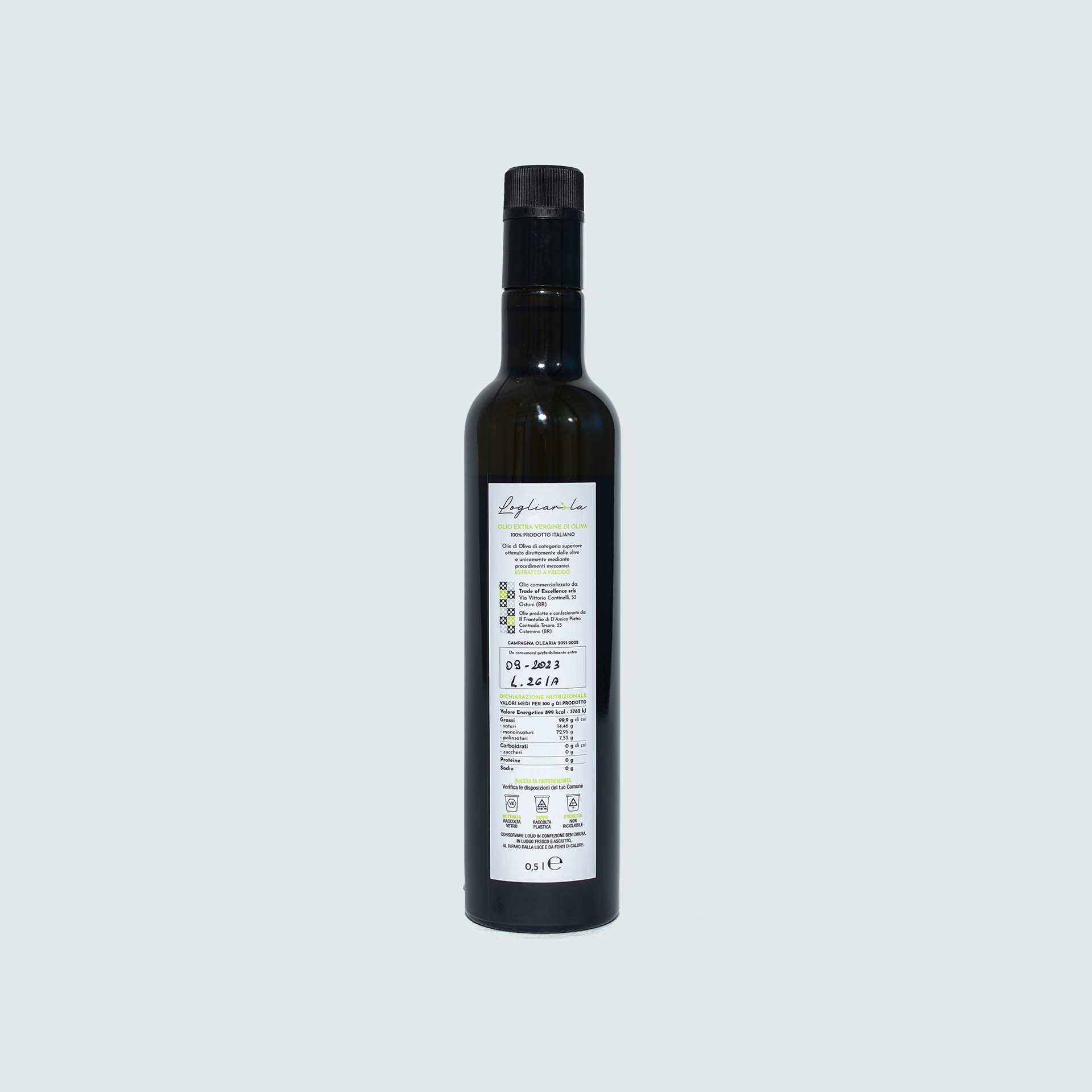 Olio extravergine d'oliva da mezzo litro vista posteriore Bottiglia di olio evo da mezzo litro vista posteriore